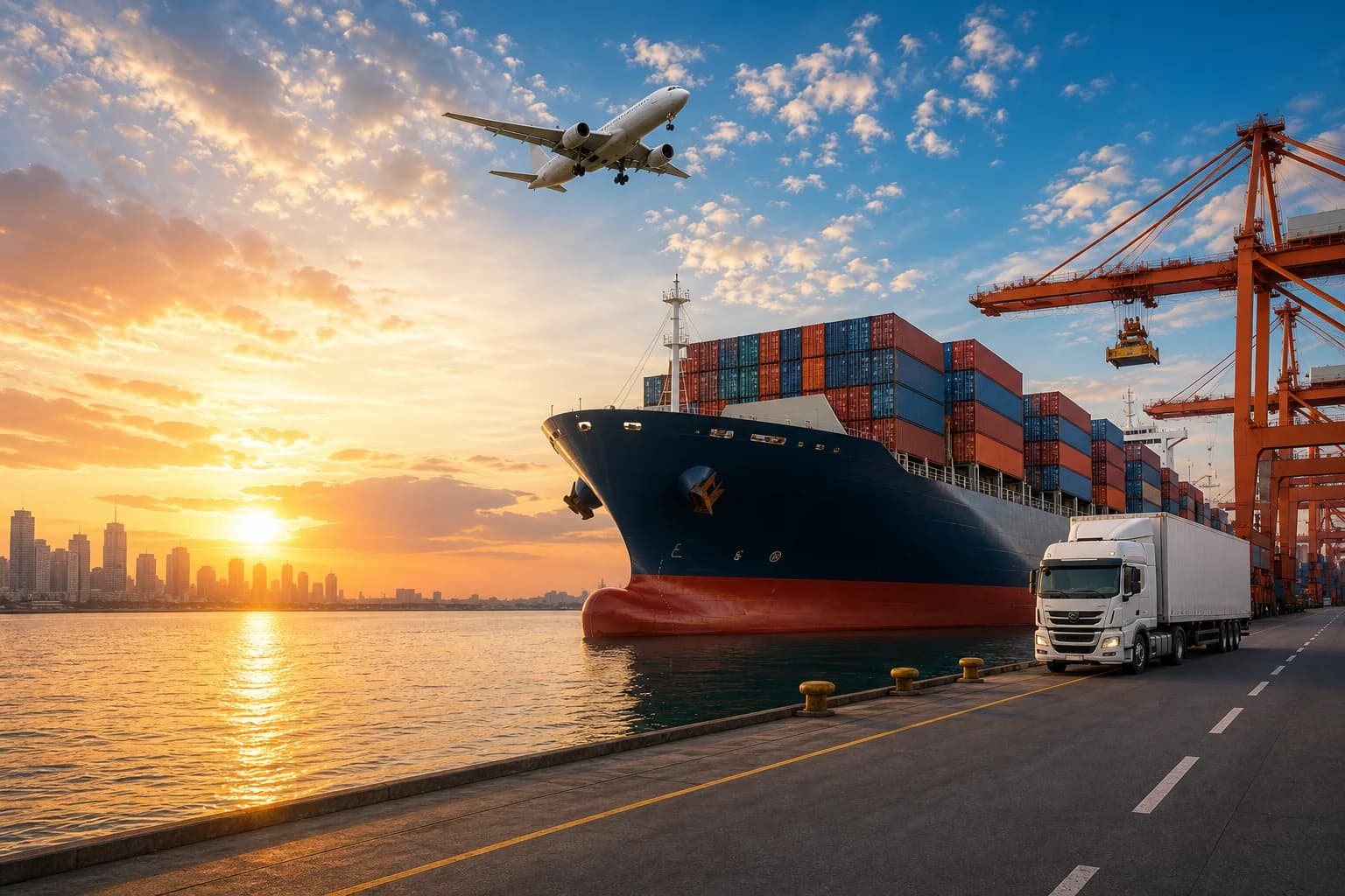 Air freight, sea freight, and land logistics at a global shipping port